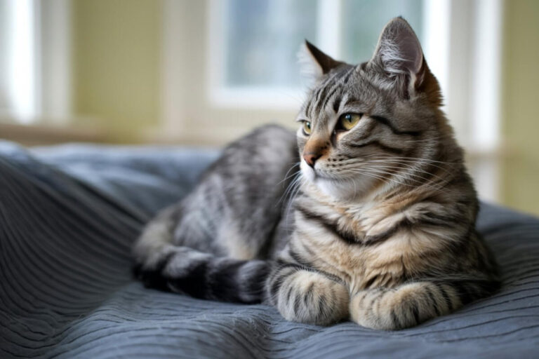 Chat âgé allongé sur un canapé, regardant au loin, symbole de sérénité malgré l’incontinence féline.